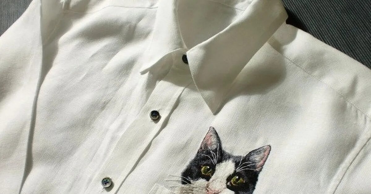Котик в рубашке. Рубашка с вышитым котиком. Хироко кубота. Рубашка кошка. Хироко кубота.