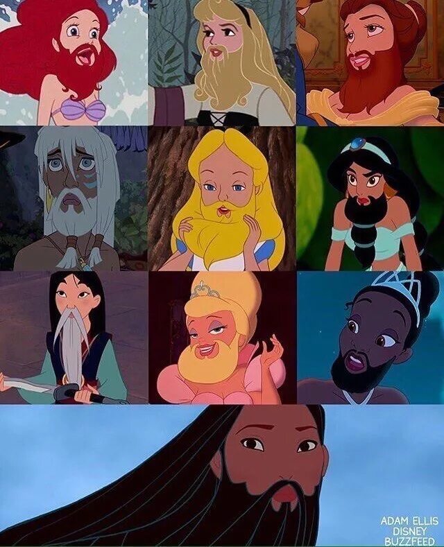 Дисней борода. Принцессы Дисней с бородой. Бородатые персонажи мультиков. Принцесса с бородой. Принцессы поменялись местами