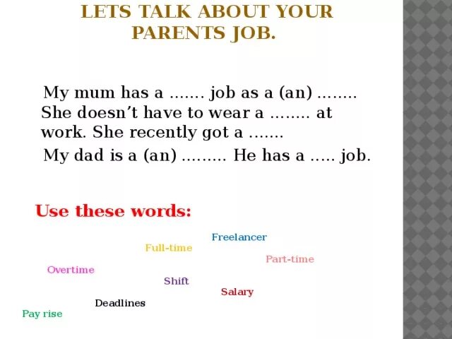 My parents job. My parents jobs английский язык 6 класс. Lets talk about jobs. My mum has a ... job. My parents jobs 6 класс ответы.