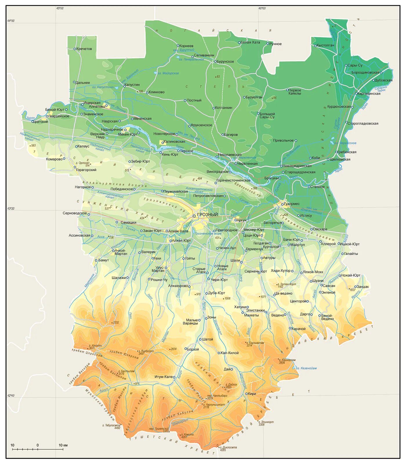 Физическая карта Чечни. Физическая карта Чеченской Республики. Географическая карта Чечни. Карта Чечни подробная.
