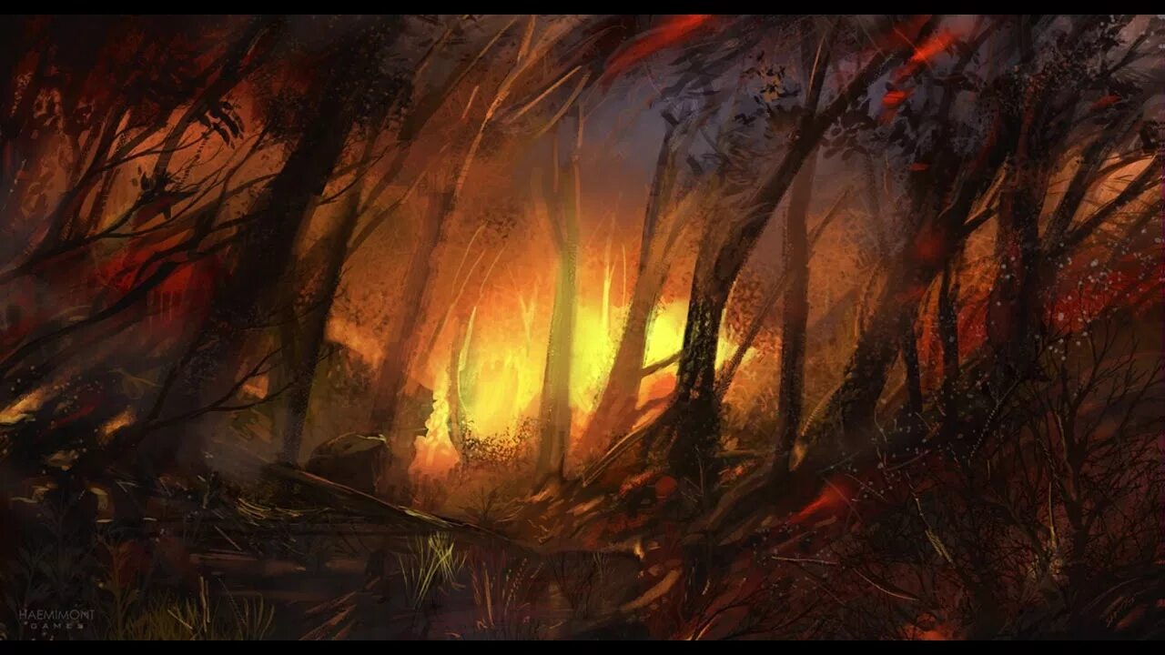 Пылающий туман. Лесной пожар арт. Пожар в лесу арт. Сгоревший лес арт. Пожар фэнтези.