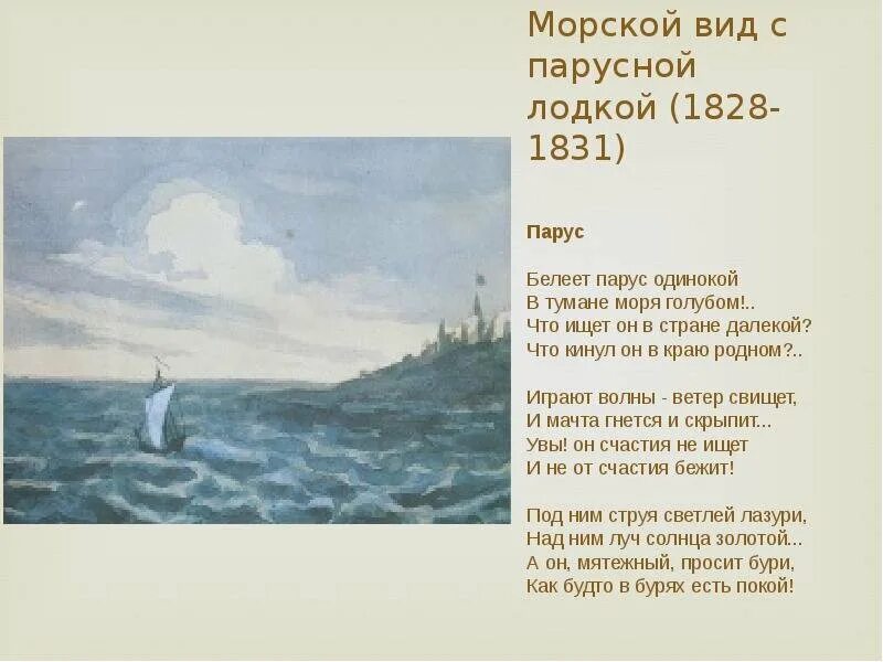 Читай стихотворение парус. Картина Лермонтова Парус. Морской вид с парусной лодкой Лермонтов 1828-1831.