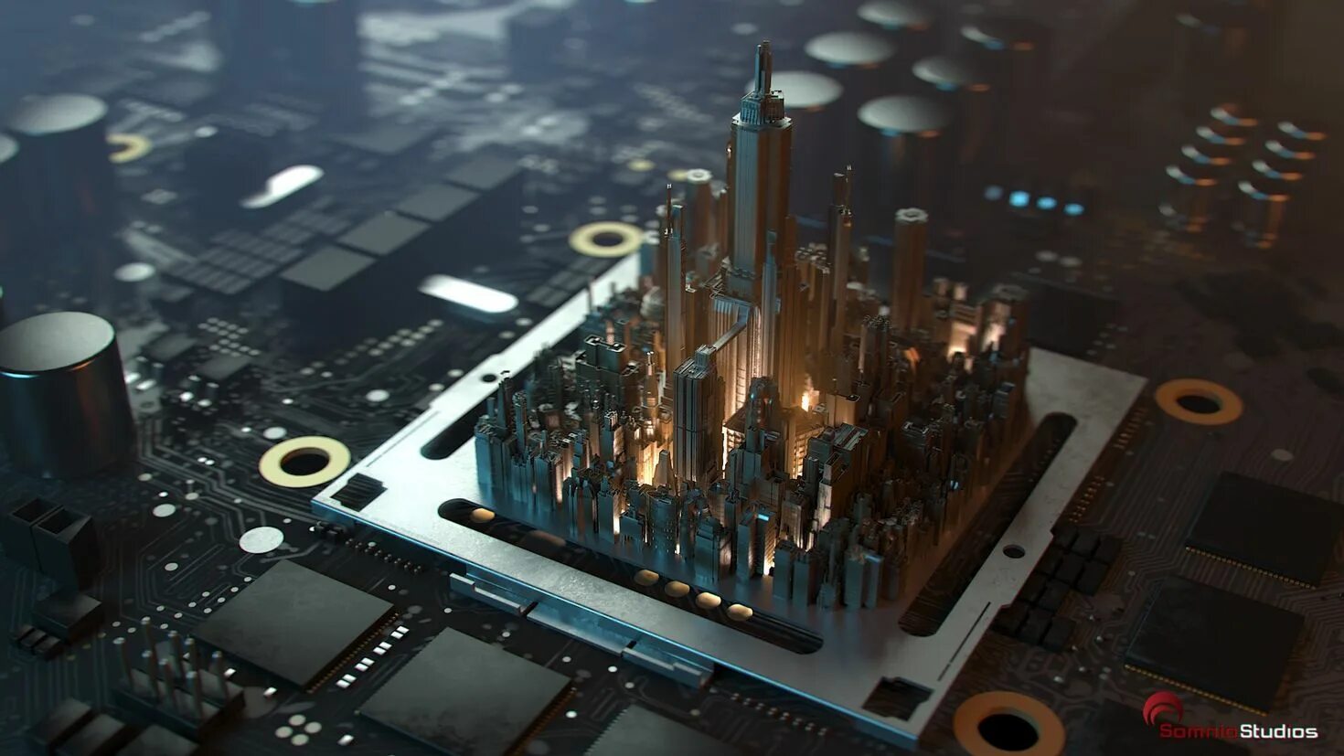 Intel Arc a750. Процессор красивый. Микросхемы будущего. Город из микросхем.
