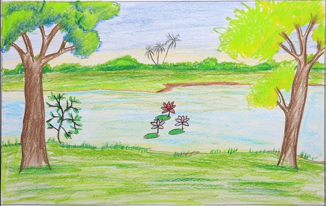 Нарисовать рисунки лета. Пейзаж карандашом для детей. Природа рисунок для детей. Летний пейзаж карандашом. Рисование природы для детей.