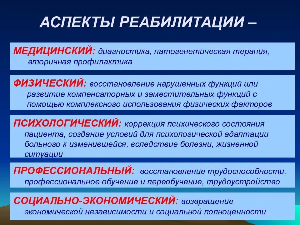 Виды реабилитации тест. Аспекты реабилитации. физический аспект реабилитации. медицинский аспект реабилитации. аспекты реабилитационных мероприятий.