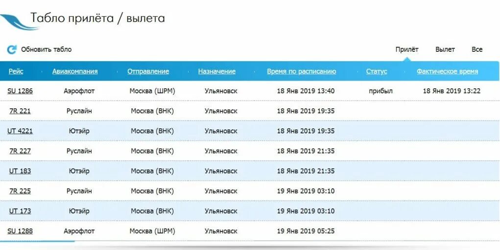 Расписание самолетов на завтра