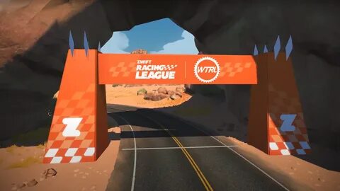 An in-game view of the Zwift WTRL finish line.
