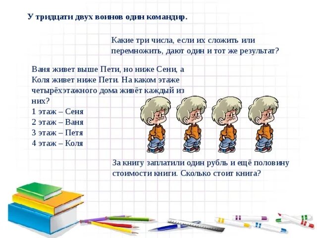 У тридцати двух воинов один командир.. Ваня живет выше Пети но ниже сени. Ваня живет выше Пети но ниже сени а Коля живет ниже Пети. У 32 воинов один командир. Сколько живут вани