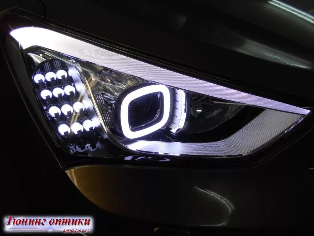 Led tune. Hyundai Santa Fe 2 led фары. Светодиодные фары на Санта Фе 2. Led ангельские глазки Hyundai Solaris 2. Ангельские глазки сантафе 3.