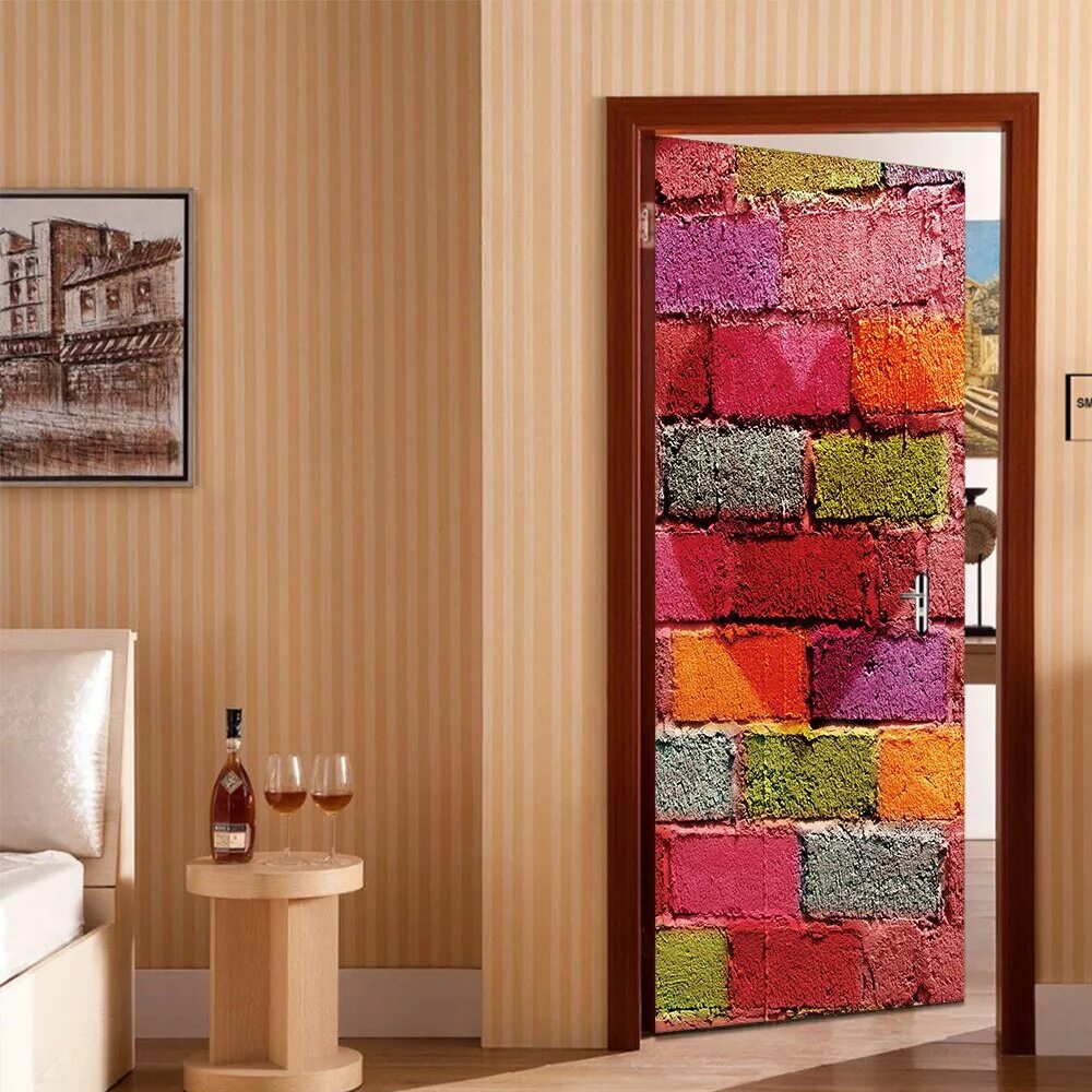 Мозаика дверей. Декорирование двери наклейками кирпич. Разноцветный кирпич на стене. Мозаика на двери.