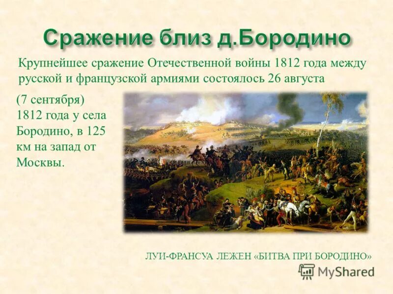 Произведение посвящено событиям отечественной войны 1812 г. Битвы Отечественной войны 1812 года.