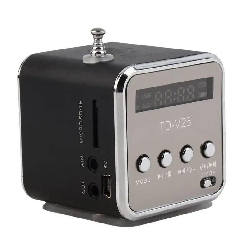 Плеер с динамиками. Колонка td-v26. Портативный fm радиоприёмник с MICROSD/TF/USB, td-v26 черный. Портативный микро радиоприемник ФМ S. Микроколонка td--v26.