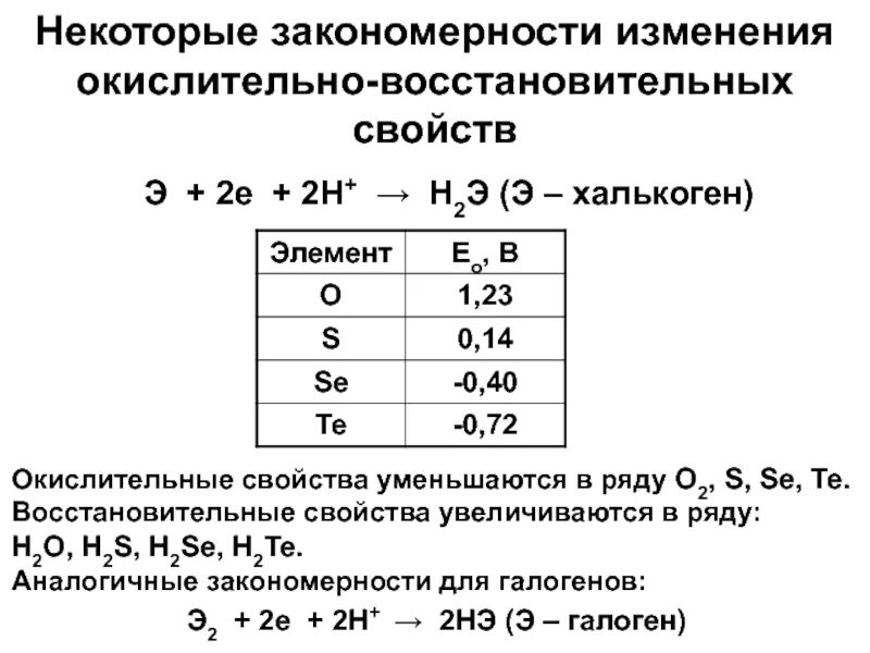 В ряду элементов o s se te. Восстановительные свойства уменьшаются в ряду. Закономерность изменения восстановительных свойств галогенов. В ряду элементов o s se. Закономерность в изменении восстановительных свойств галогенидов.