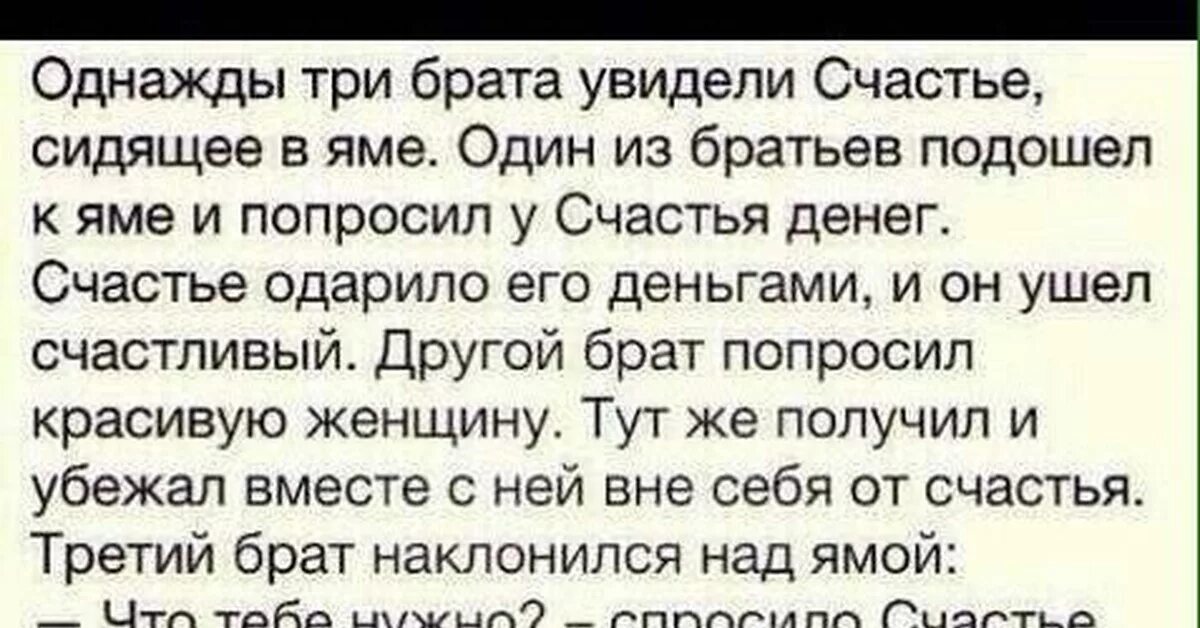 Она не видела брата. Однажды три брата увидели счастье сидящее в яме. Однажды три брата увидели счастье. В чём счастье брат. Притча о счастье в яме.