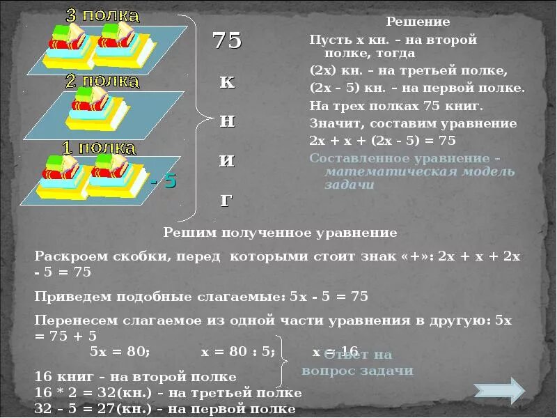 На трех полках 75 книг. На трёх полках было 175 книг. Составьте уравнение на первой полке в 2 раза больше книг чем на второй. На 1 полке 79кн. На трех полках 80 книг.