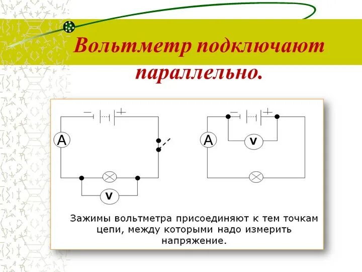 Вольтметр подключен параллельно амперметру