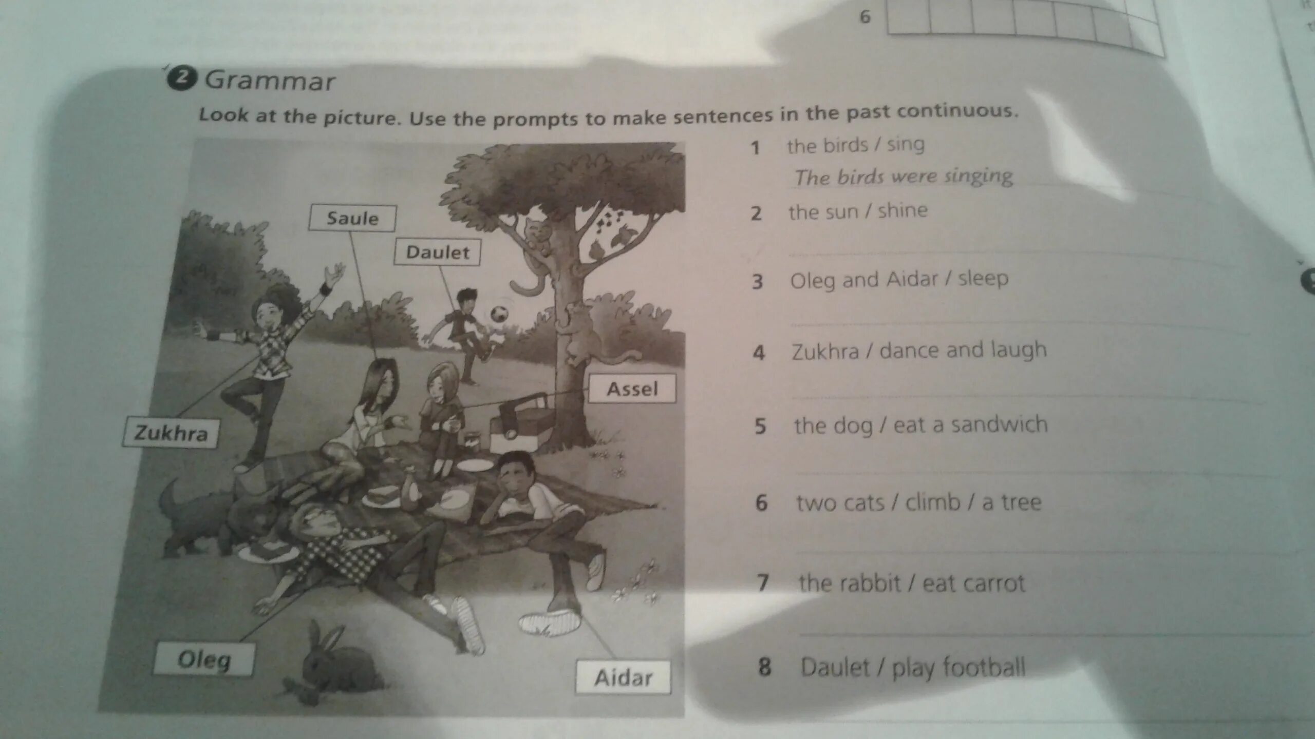 Use the prompts to write sentences. Look at the pictures and make sentences. Use the prompts to make sentences. Look at the pictures and use the prompts. Look and make sentences.