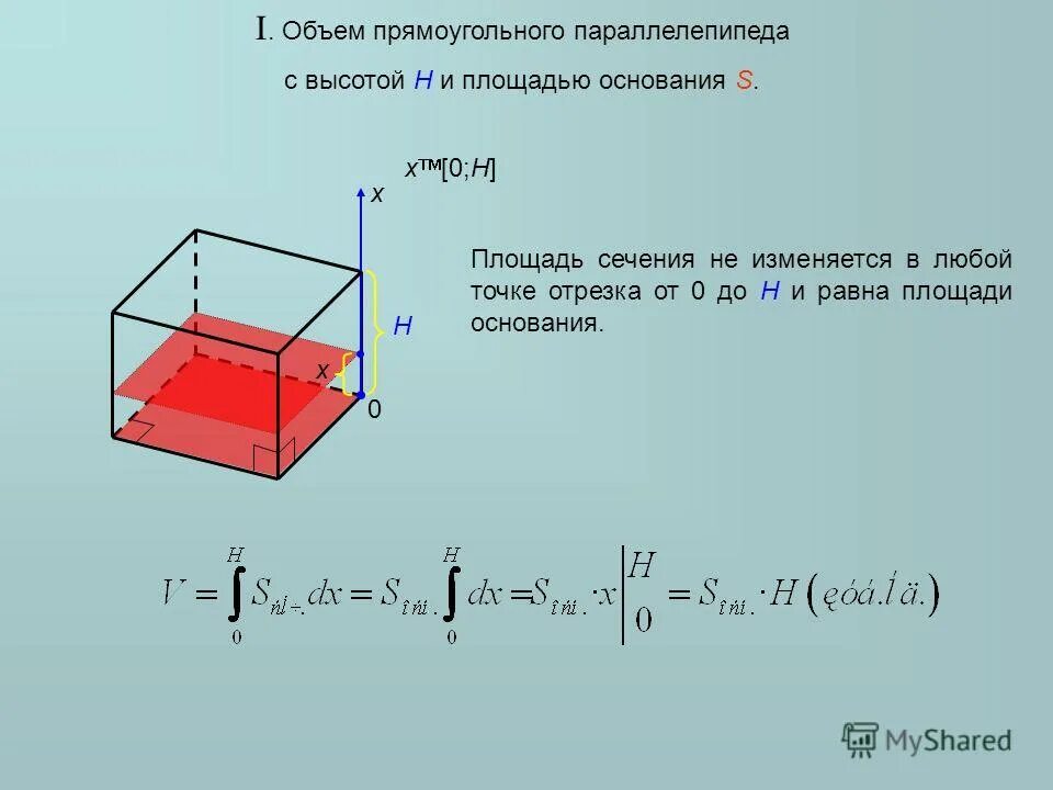 V s основания h. Объем параллелепипеда с площадью основания и высотой. V=h * pi h^2/4. Объемы тел. Второй способ вычисления объема.