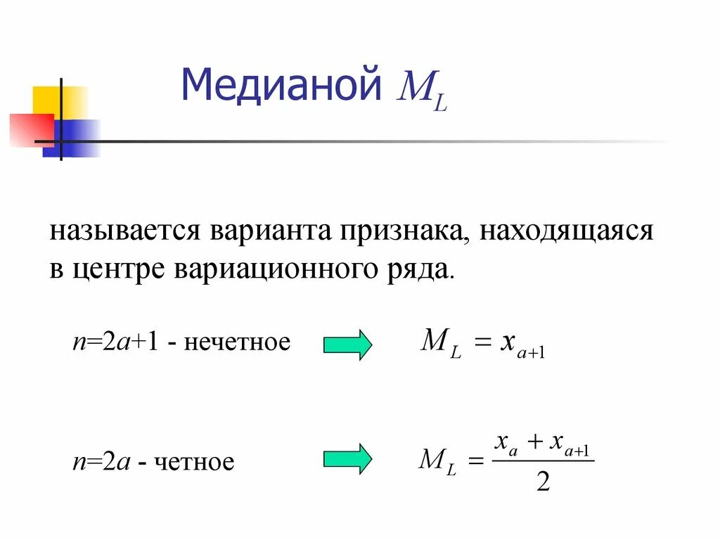 Частота варианта признака. Варианты признака. Элементы статистики. Медиана четного и нечетного ряда. Медианой называется средний элемент вариационного ряда.