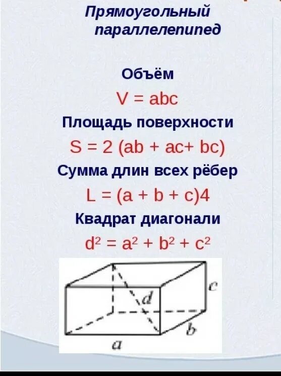 Формула площади прямоугольного параллелепипеда. Формула формула нахождения прямоугольного параллелепипеда. Площадь прямоугольного параллелепипеда формула 5 класс. Формула объёма прямоугольного параллелепипеда 5 класс. Формула прямоугольника параллелепипеда объемного.