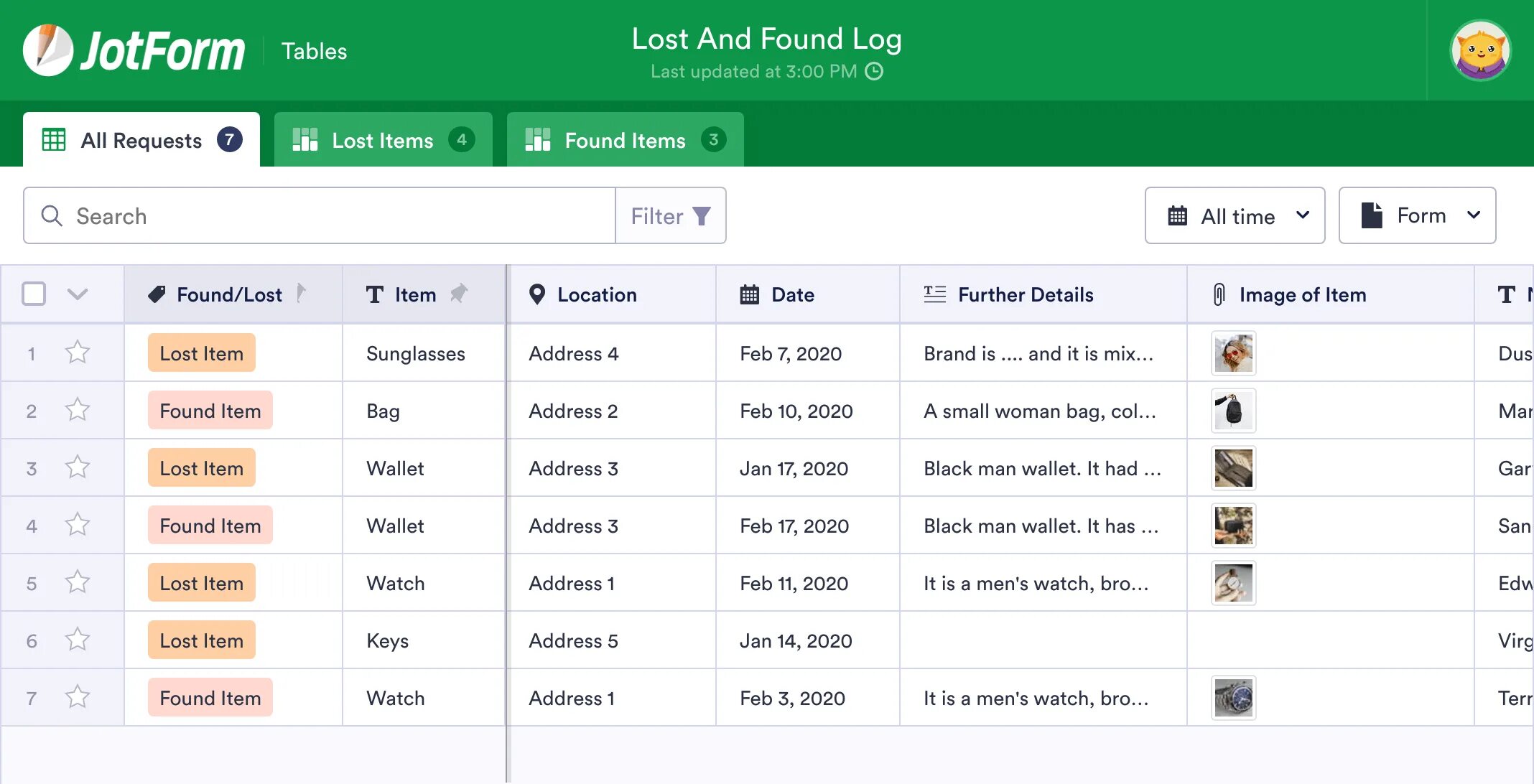 Log not found. Lost and found form.