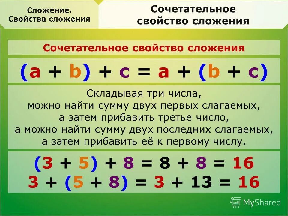 Приведите пример суммы двух натуральных чисел. Свойства сложения. Свойства сложения и вычитания. Сочетатеььное свойвто сложния. Сочетательное свойство сложения.