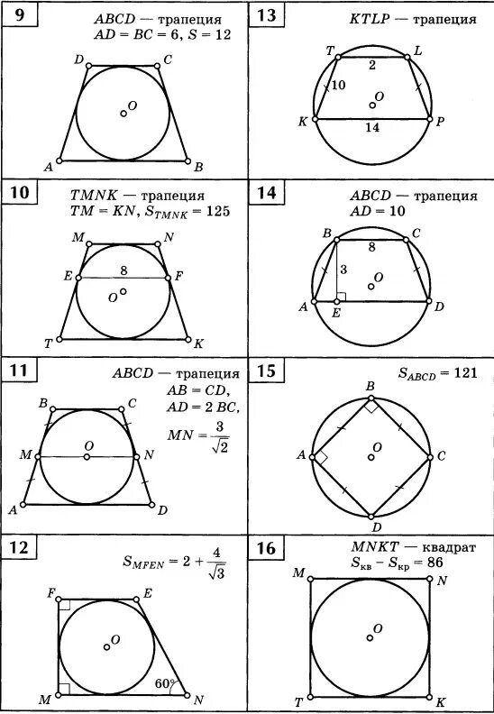 Геометрия задачи на готовых чертежах для подготовки трапеция. Правильные многоугольники задачи на готовых чертежах. Описанная окружность чертеж. Вписанная окружность чертеж. Задачи на площадь круга 9 класс