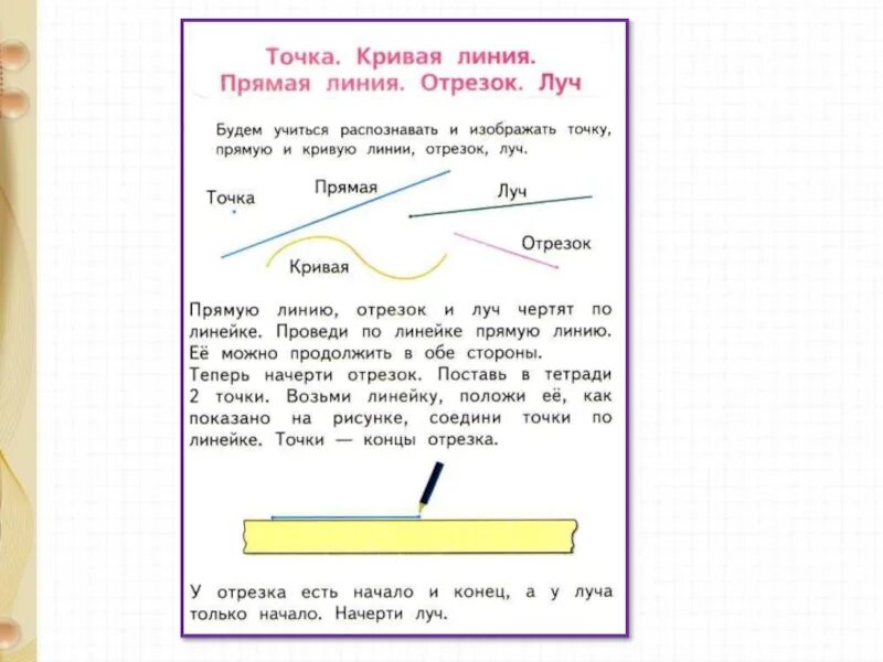 Точка кривая линия прямая линия отрезок Луч задания. Точка кривая линия прямая линия отрезок Луч 1 класс школа России ФГОС. Луч отрезок 1 класс. Точка линии кривая прямая отрезок Луч. Прямые линии лучи отрезки