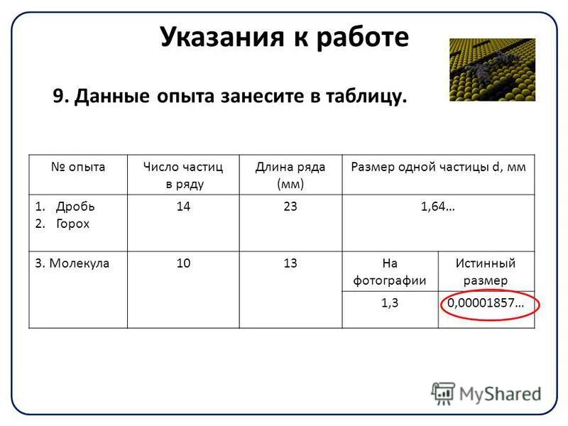 Размер одной частицы. Определите способом рядов диаметр молекулы. Размер одной частицы d мм. Измерение размера молекулы по фотографии. Молекулы гороха