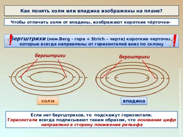 Чем холм отличается. Земная поверхность на плане и карте. Холм или впадина. Бергштрихи на горизонталях. Холм или впадина показана на рисунке.