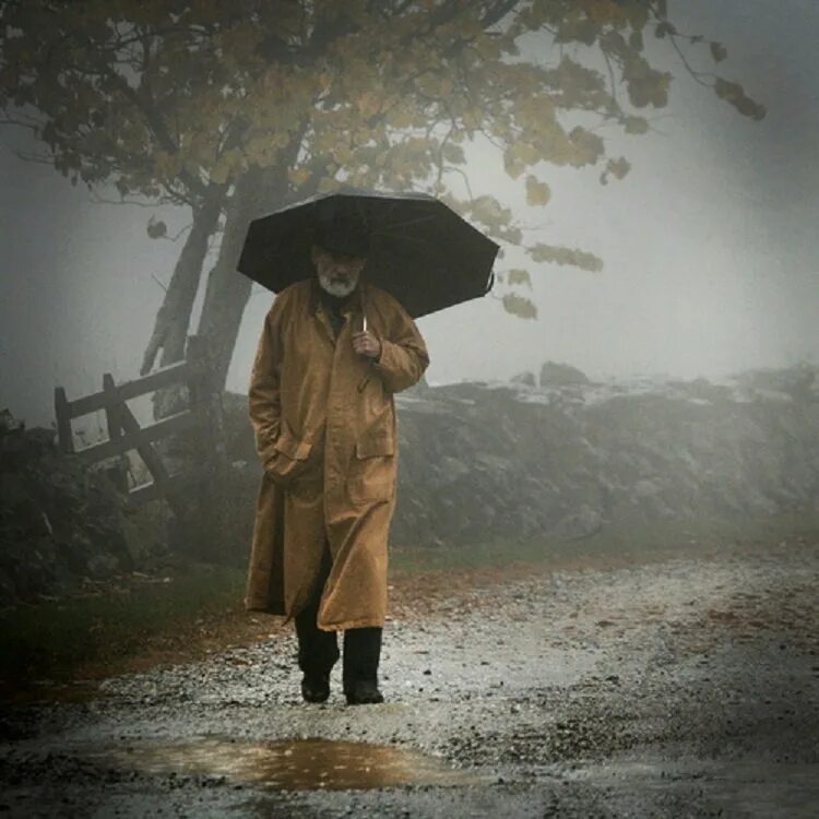 Не просто стариками быть. Человек в плаще под дождем. Плащ. Человек под зонтом. Осенний дождь.