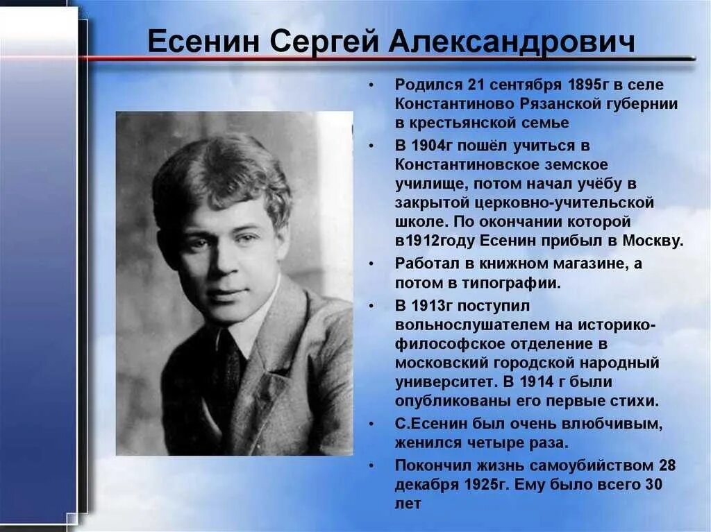 Какие русские писатели родились в апреле. Биография Есенина 5 класс кратко. Поэты 20 века Есенин.