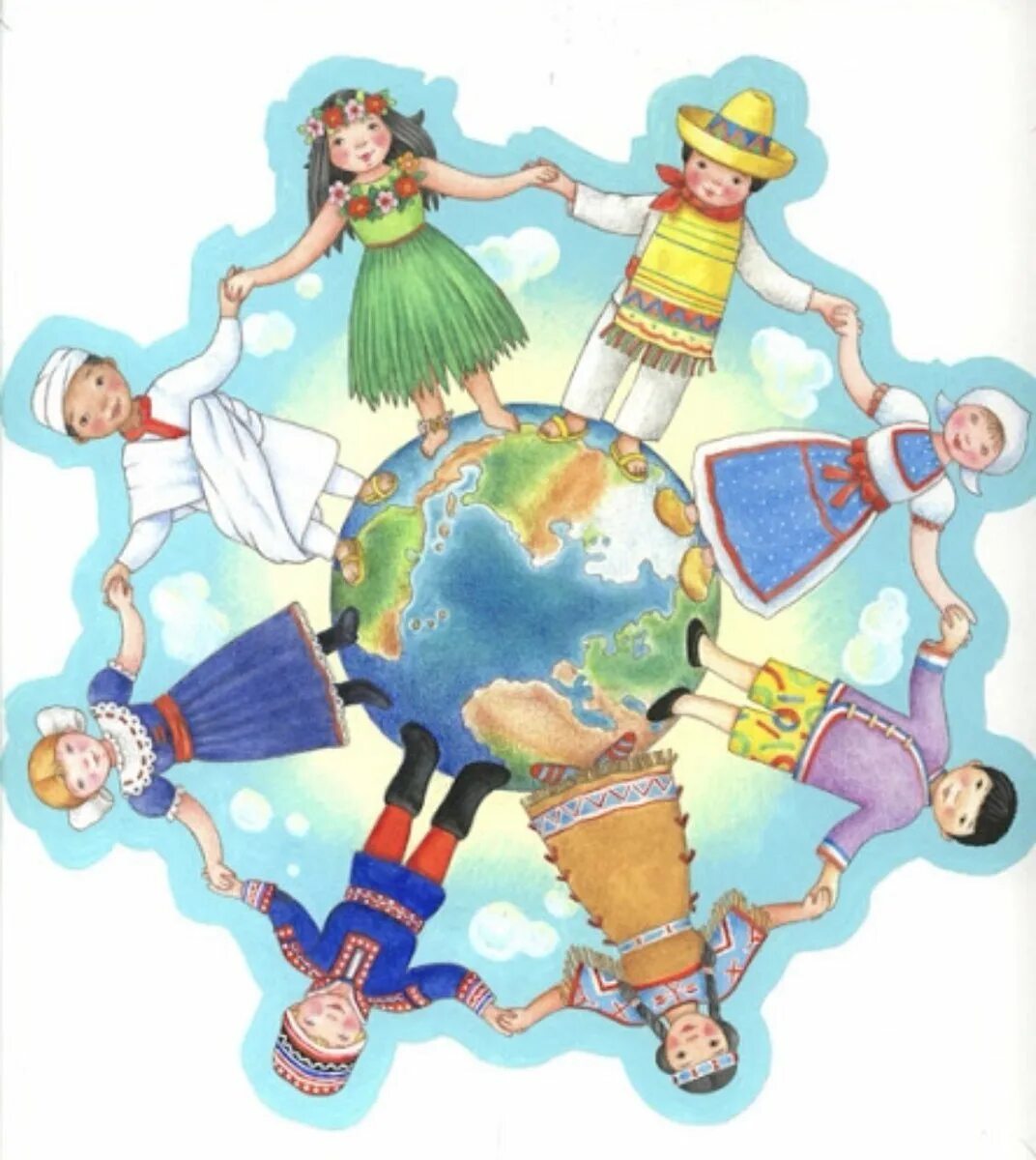 Нарисуй большой хоровод разных национальностей. Дружба народов на земном шаре.