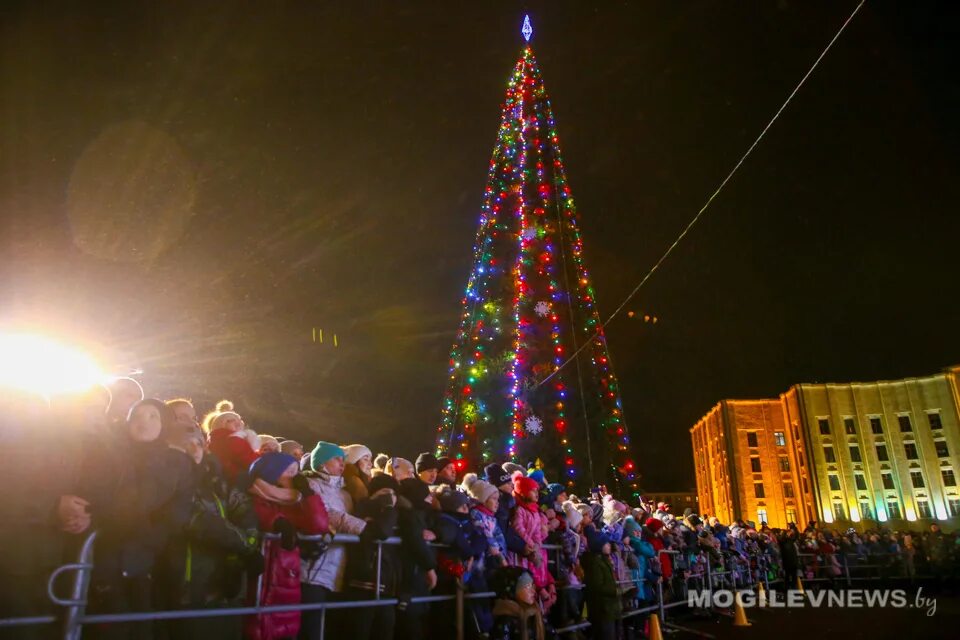 Новогодние представления для детей в могилеве 2025. Новогодняя елка в огнях. новогодняя елка город площадь. новогодние огни города. рождественская елка в городе.