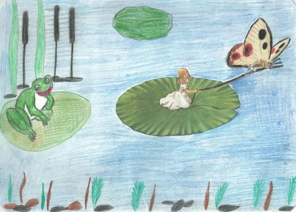 Иллюстрация к сказке 2 класс. Дюймовочка детские рисунки. Рисование Дюймовочка. Дюймовочка рисунок для читательского дневника. Андерсен Дюймовочка детский рисунок.