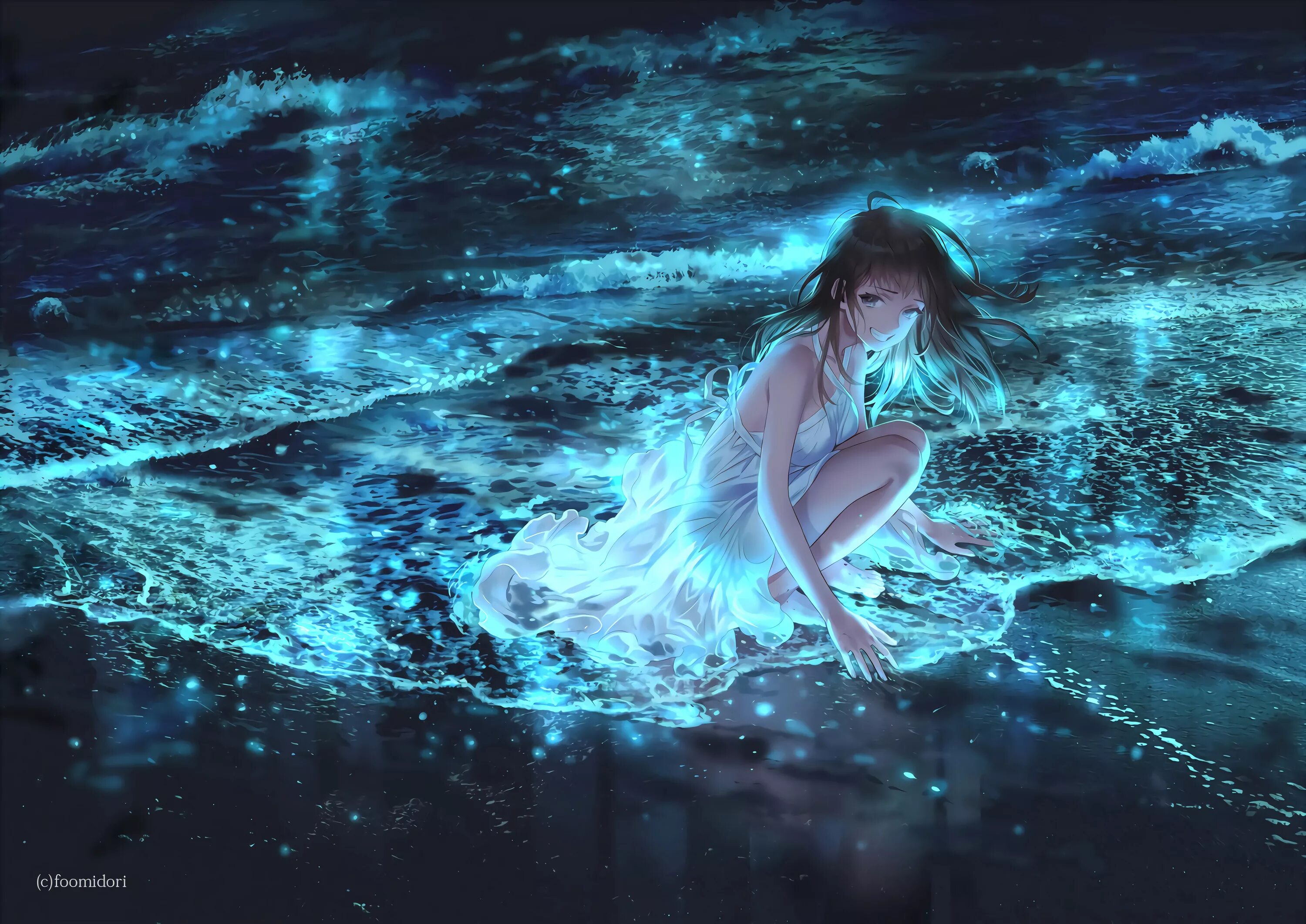 Ночь у берега манга персонажи. Девушка под водой. Девушка в воде арт. Красивые арты воды.