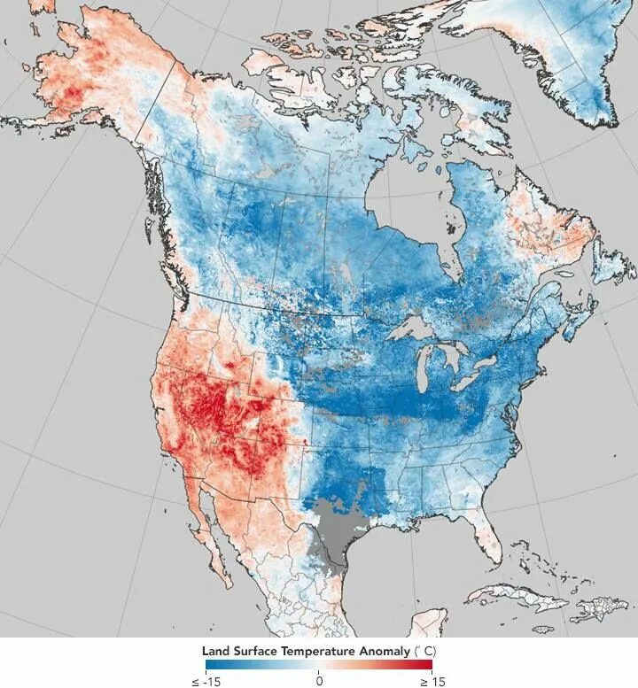 Где больше аномалий. Северная Америка после глобального потепления. НАСА на карте Америки. Температурная карта США.