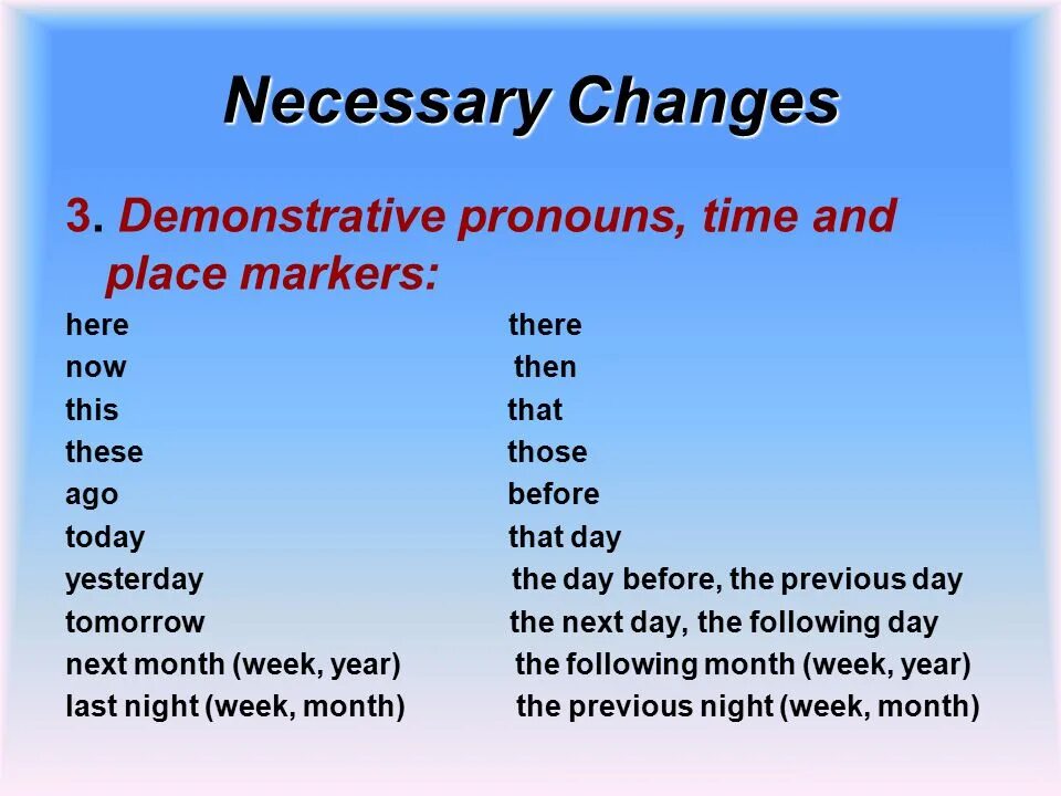 Reported Speech местоимения. Necessary формы. Местоимения в репортед спич. Формы слова necessary. Necessary предложения