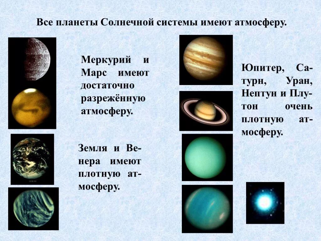 Планеты солнечной системы по порядку Меркурий. Какие планеты имеют атмосферу. Атмосфера планет солнечной системы. Какие планеты солнечной системы имеют атмосферу.