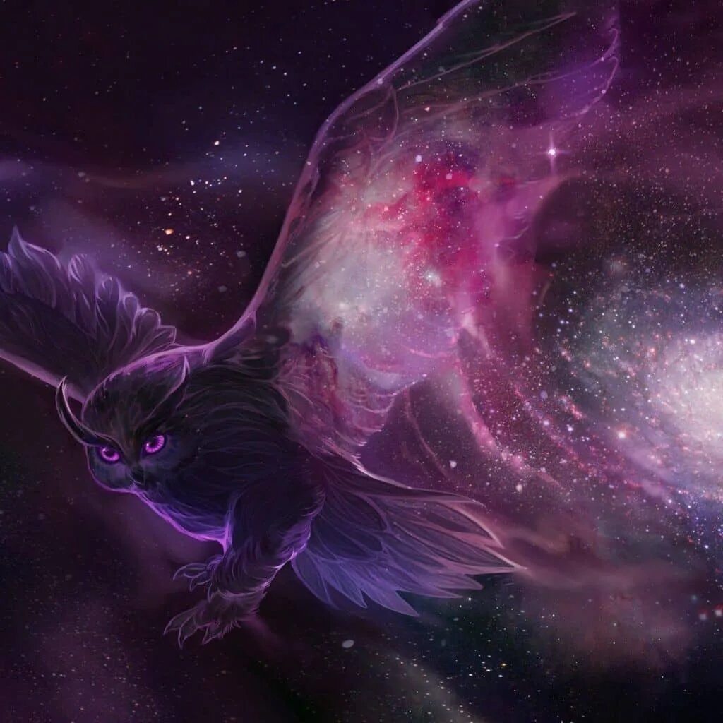 Галактическая птица. Сова (фиолетовая). Магические животные. Космическая Сова. Фиолетовое животное.