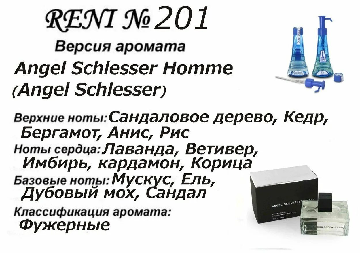 Духи рени по номерам. Рени Angel Schlesser (Angel Schlesser) 100мл. Аромат Angel Schlesser в Рени. Reni 201 духи мужские. Angel Schlesser homme /Schlesser 201 Рени.