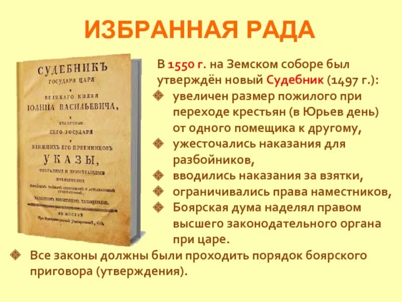 На земском соборе 1550 г принят. 1550 Г Судебник Ивана IV увеличен размер пожилого. 1550 Новый Судебник Ивана 4. Избранная рада новый Судебник 1550.