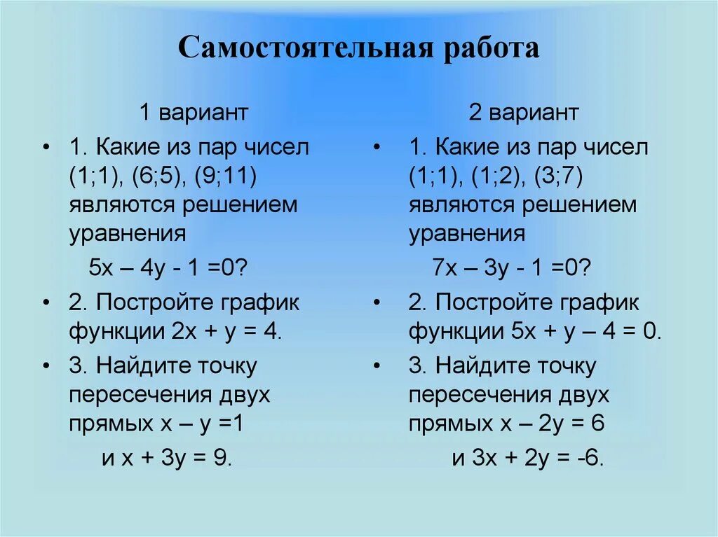 Уравнения с двумя переменными. Линейное уравнение с двумя переменными. Линейные уравнения c Lhevz переменной. Линейные уравнения самостоятельная работа.