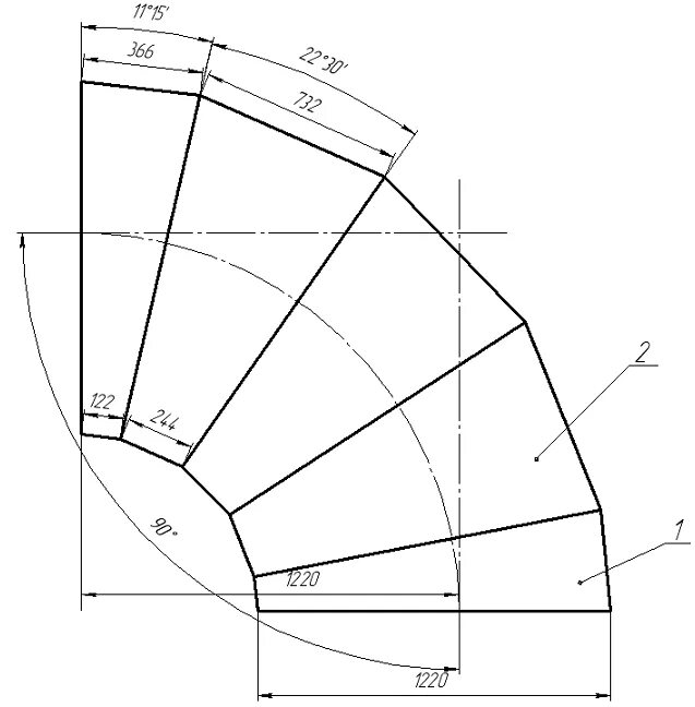 Отвод трехсегментный 90 град чертеж. Отвод секторный сварной 90 градусов. Развертка отвода 630*820. Сегментный отвод из трубы 630мм. Отвод гиб