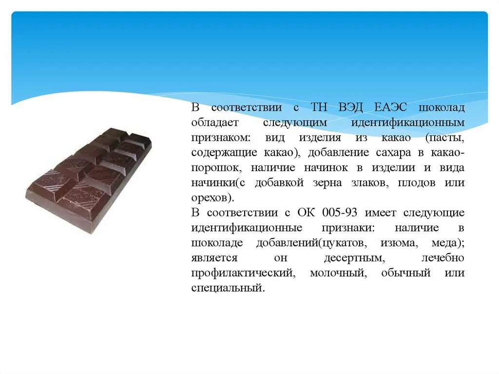 6112 тн вэд. Идентификационные признаки конфет. Идентификационные признаки шоколада. Идентификационные показатели отдельных видов шоколадных изделий. Основной идентификационный признак шоколада – наличие в нем.