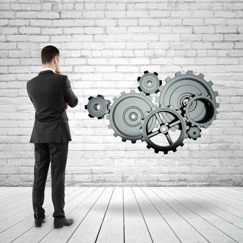 Цель символ. Человечек смотрит на шестеренку. Картинка высокая точность. Постановка целей. Точность заставка.