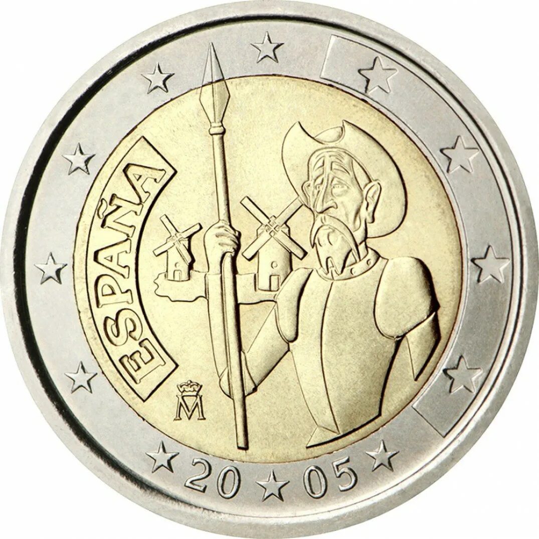 Монеты два евро. Дон кихот испания 2 евро 2005. испания 2 евро дон кихот. 2 евро монета. espana 2005 2 евро.