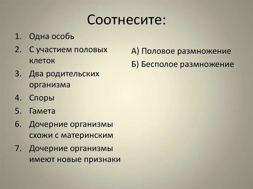 В половом размножении участвует одна особь. Соотнесите. Новые особи имеют признаки двух родительских особей. Дочерний организм.