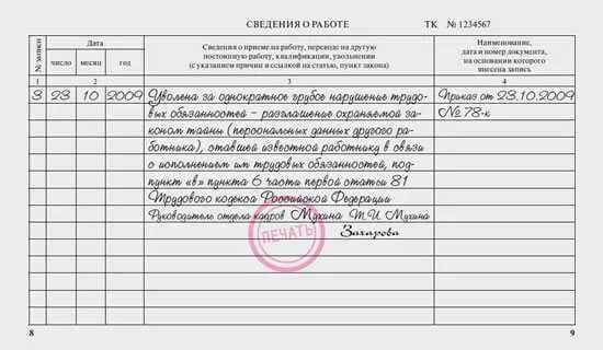 Увольнение по статье 81 тк. П 1 ст 81 ТК РФ запись в трудовой книжке. П.6 Ч.1 ст.81 ТК РФ запись в трудовой. Увольнение по ПП А П 6 Ч 1 ст 81 ТК РФ. П 6а ст 81 ТК РФ запись в трудовой книжке.