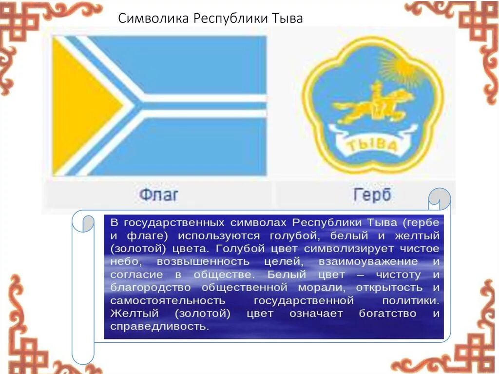 Рассказ о Республике Тыва. Флаг Тывы. Символ Тувы.